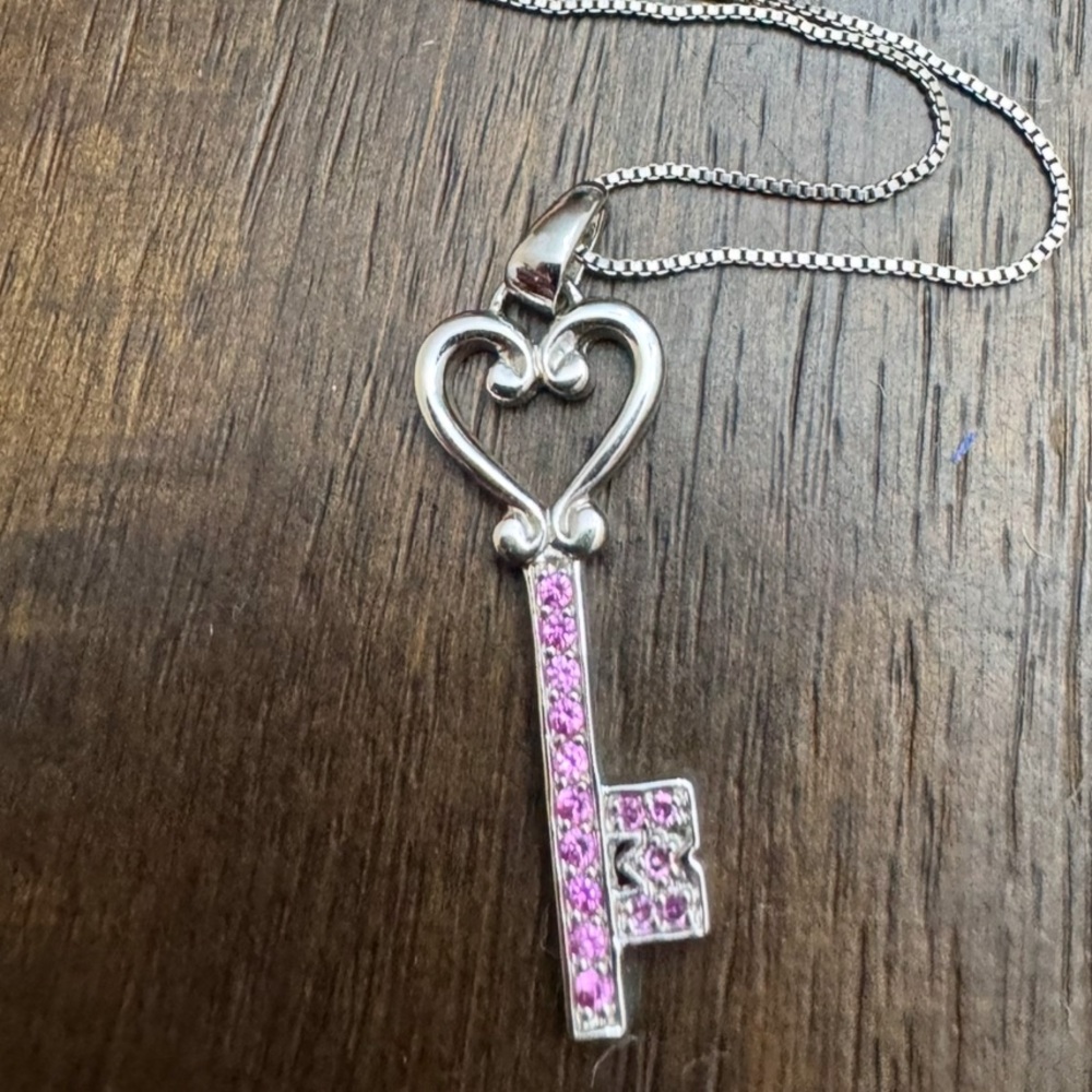 Kay Jewelers • Silver Heart Key Pendant Necklace with Pink Accents